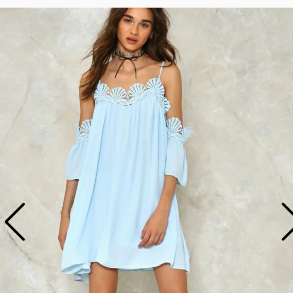Vera & Lucy Embroidered Crochet Cold Shoulder Blue Dress